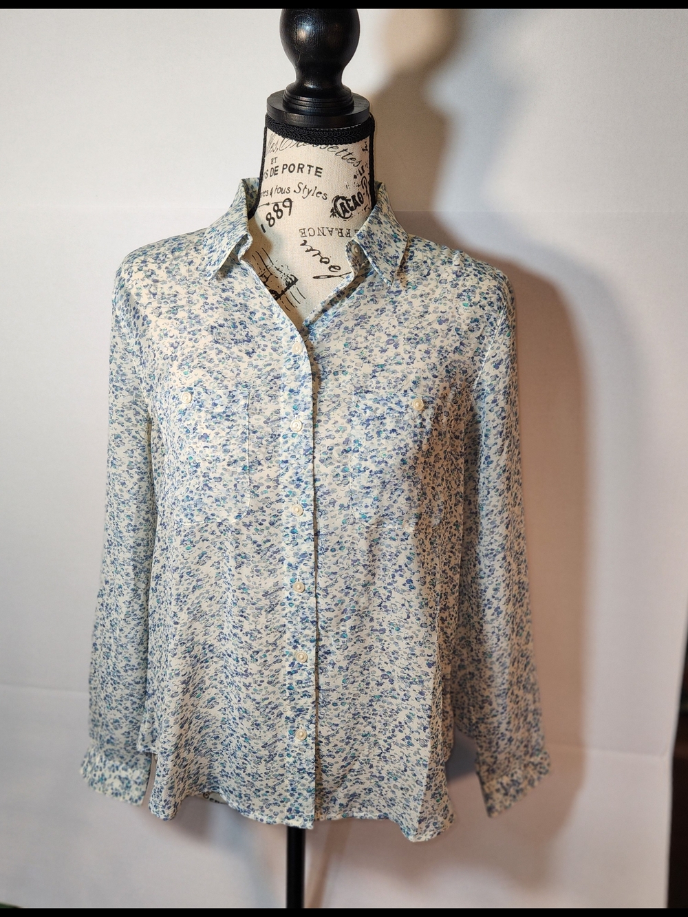 LOFT Petite Cream Blouse with Blue Floral Print